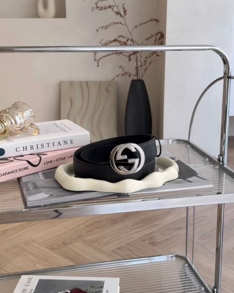 圖片 【GUCCI】互扣式雙G壓紋老花皮帶 黑銀