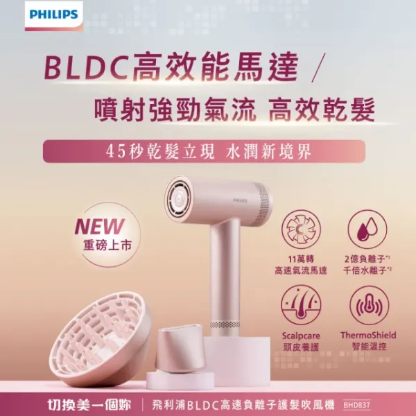 圖片 Philips 飛利浦  飛利浦 BLDC 高速負離子護髮吹風機(BHD837/11 粉色)