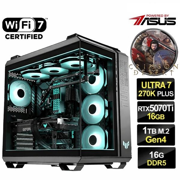 圖片 赤血沙漠】24核 Ultra 7 水冷 華碩 WIFI 7 超頻3扇 RTX5070TI 飇16G 金牌850W 電競主機