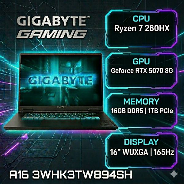 圖片 GIGABYTE GAMING A16 3WHK3TW894SH 技嘉戰鬥版電競筆電/Ryzen 7 260/RTX5070 8G/16GB DDR5/1TB PCIe/16吋 16:10 WUXGA 165Hz/W11🎈送保護套/滑鼠墊/鍵盤膜🎈