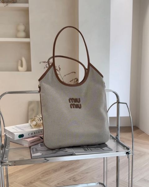 圖片 【MIUMIU】IVY 托特包 帆布拚皮革 米色/干邑色