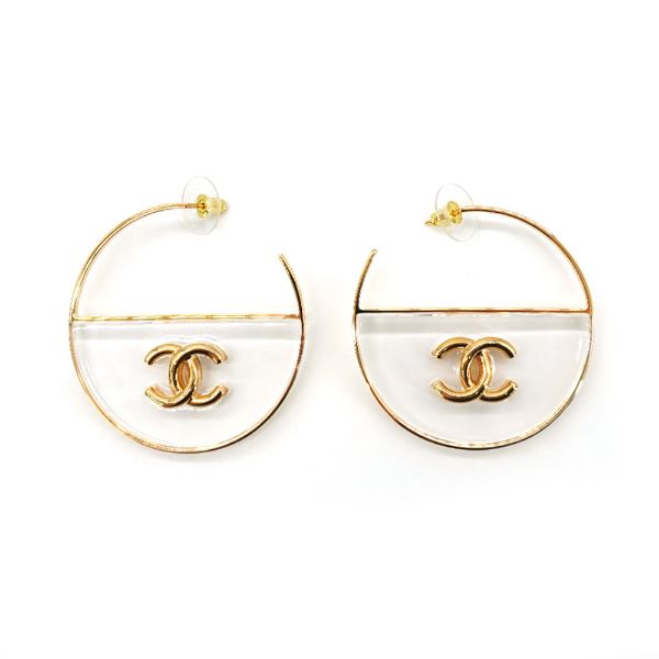 圖片 Chanel 圓框壓克力雙C logo耳環(金)