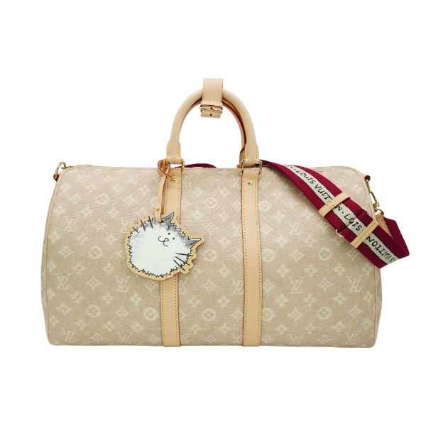 圖片 Louis Vuitton Keepall 45 貓咪吊牌丹寧布拚牛皮二用斜背包(M25787-米)