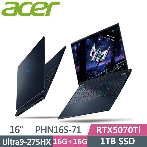 圖片 Acer Helios Neo /Ultra 9-275HX/RTX5070Ti/32G/1T/16吋/黑 PHN16S-71-90TD