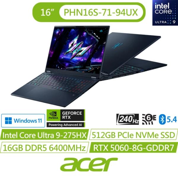 圖片 Acer Helios Neo /Ultra 9-275HX/RTX5060/16G/512G/16吋/黑 PHN16S-71-94UX