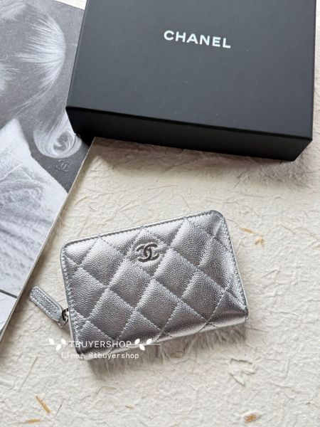 圖片 Chanel Cf 銀色 荔枝皮  加大版拉鍊錢包/卡包