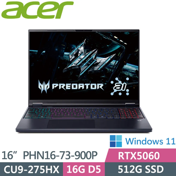 圖片 Acer Helios Neo /Ultra 9-275HX/RTX5060/16G/512G/16吋/黑 PHN16-73-900P