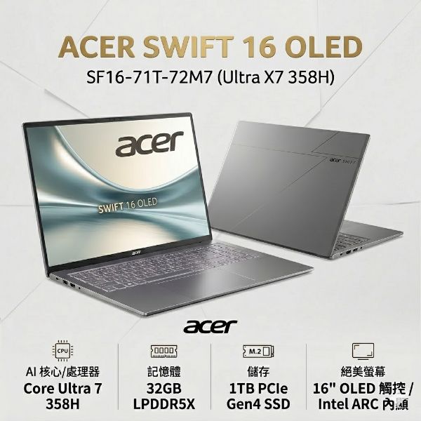 圖片 acer Swift AI SF16-71T-72M7 星岩灰 宏碁時尚輕纖觸控筆電/Ultra X7-358H/32GB LPDDR5X/1TB PCIe/16吋觸控 16:10 2.8K OLED/W11🎈送保護套/滑鼠墊/鍵盤膜🎈