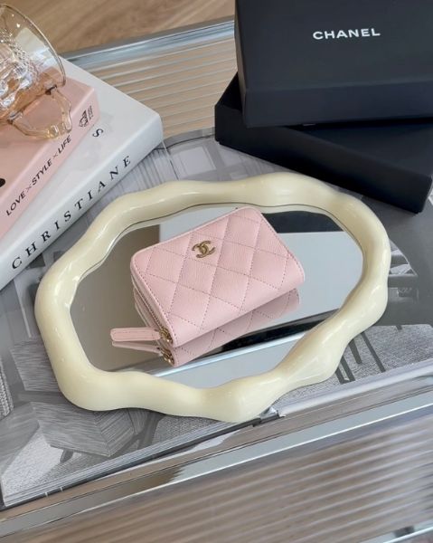 圖片 【CHANEL】COCO ㄇ字拉鍊內三層零錢卡包 粉金