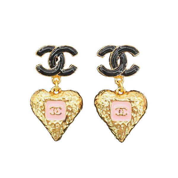 圖片 Chanel 展示品 黑雙C logo愛心耳環(粉/金)