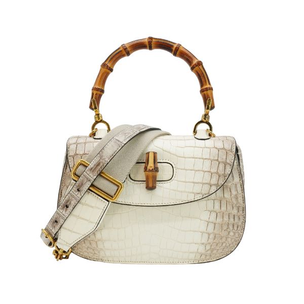 圖片 Gucci 展示品 Bamboo 1947 喜馬拉雅鱷魚皮二用斜背包(675797-白)