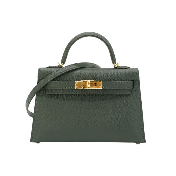 圖片 Hermes 展示品 Mini Kelly 2代 Epsom牛皮手提斜背包(Q0灰綠/K刻金釦)
