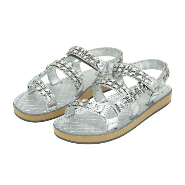 圖片 Chanel 展示品 CC Chain Dad Sandals 鍊帶皮革平底涼鞋#37.5(銀)