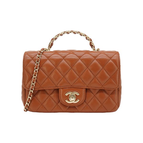 圖片 Chanel 展示品 Handle 20 菱格羊皮水鑽手把淡金鍊斜背包(焦糖色)