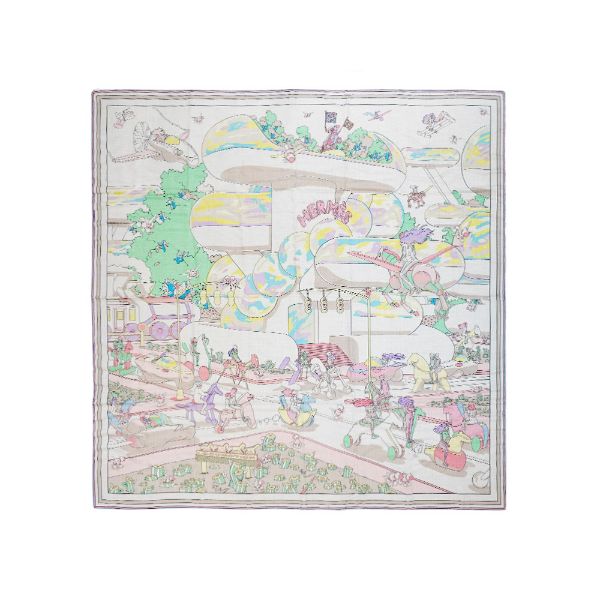 圖片 Hermes Locomotion 喀什米爾玩具馬印花混絲披巾/大方巾-140cm(自然色/綠色/黃色)