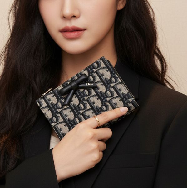 圖片 《在台現貨最低特價  最新》Dior 藍色 Dior Oblique 緹花 蝴蝶結短夾