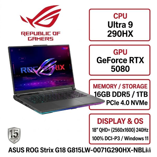 圖片 ⭐️ASUS ROG 華碩ROG Strix G18 G815LW-0071G290HX-NBLM (Ultra 9 290HX/16GB/1TB/RTX 5080/18/W11)⭐️