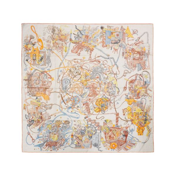 圖片 Hermes Le Monde d'Hermès 喀什米爾馬場圖印花混絲披巾/大方巾-140cm(橘/棕)