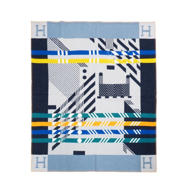 圖片 Hermes 展示品 Avalon JumpH 緹花羊毛混紡雙面薄毛毯(黑/灰/淡藍)