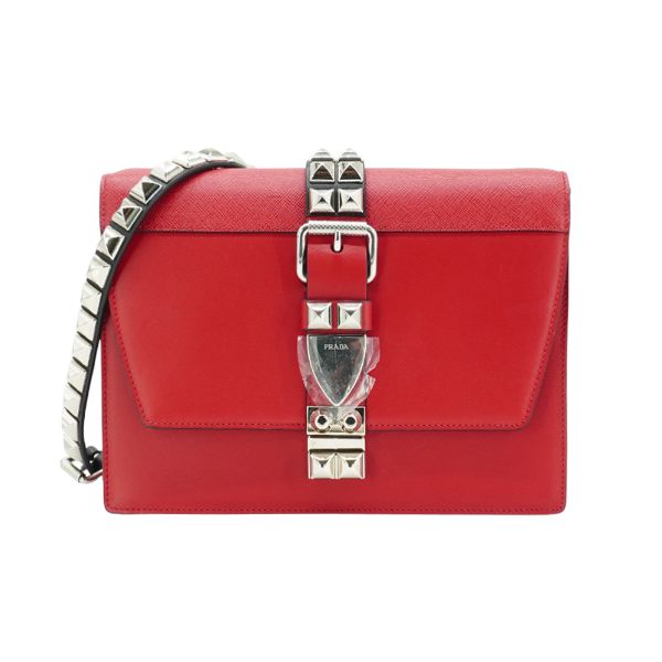 圖片 Prada 展示品 Saffiano Eleltra 銀釦全皮鉚釘鍊帶斜背包(1BD120-紅)