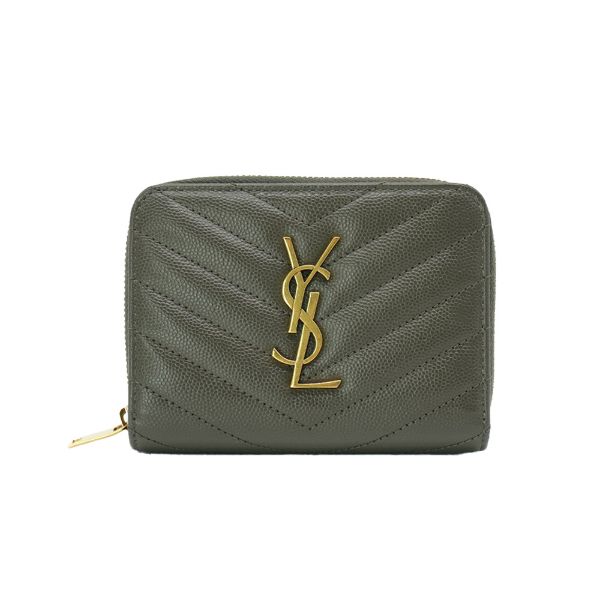 圖片 YSL 金LogoV字縫線魚子醬牛皮釦式拉鍊短夾(403723-墨綠)