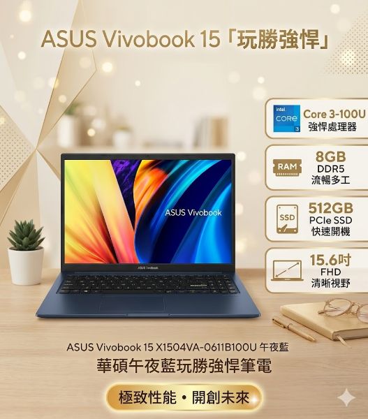 圖片 ASUS Vivobook 15 X1504VA-0611B100U 午夜藍 華碩玩勝強悍筆電/Core 3-100U/8GB DDR5/512GB PCIe/15.6吋 FHD/W11🎈送保護套/滑鼠墊/鍵盤膜🎈