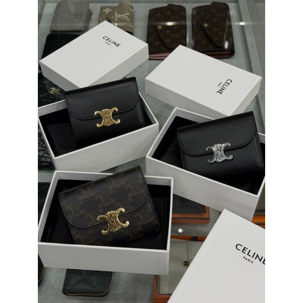 圖片 Celine 經典凱旋門設計 黑金、黑銀 咖啡色滿版 三折短夾