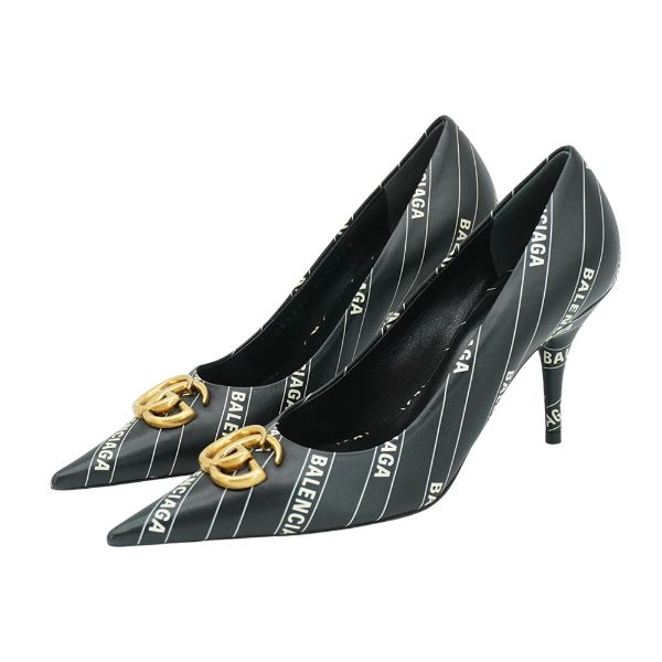 圖片 Gucci x Balenciaga 展示品 條紋Logo皮革尖頭高跟鞋#34.5(黑)