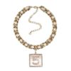 圖片 Chanel 展示品 皮穿粗金鍊雙C No.5 方牌短項鍊(珠光粉)