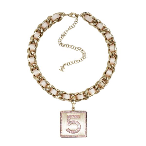 圖片 Chanel 展示品 皮穿粗金鍊雙C No.5 方牌短項鍊(珠光粉)