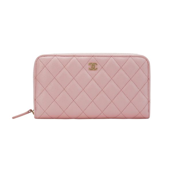 圖片 Chanel 展示品 金雙C菱格粒紋牛皮拉鍊長夾(AP0242-粉)