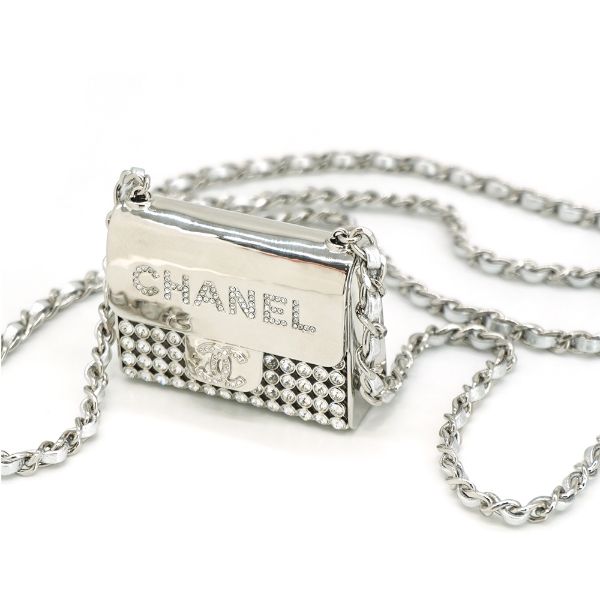 圖片 Chanel 展示品 皮穿鍊水鑽掀蓋迷你斜背包吊飾(銀)