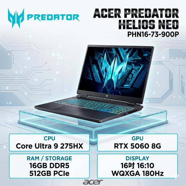 圖片 ACER 宏碁Predator 16吋 AI電競筆電 黑(Ultra9 275HX/16G/512G/RTX5060-8G/WIN11/PHN16-73-900P)🎈送保護套/滑鼠墊/鍵盤膜🎈