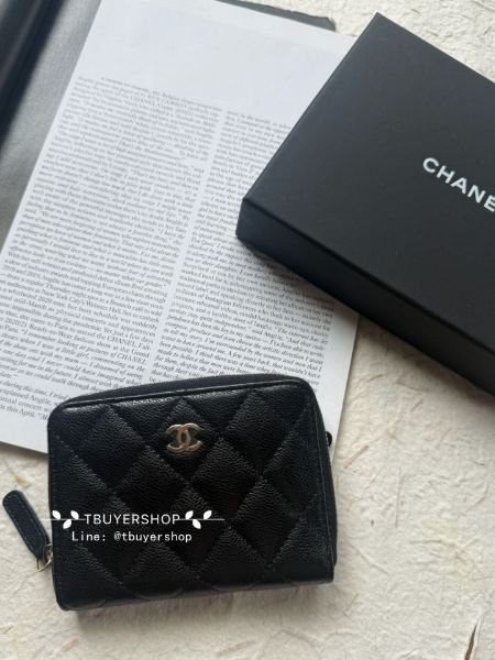 圖片 Chanel Cf 黑金 荔枝皮 對開拉鍊短夾/錢包