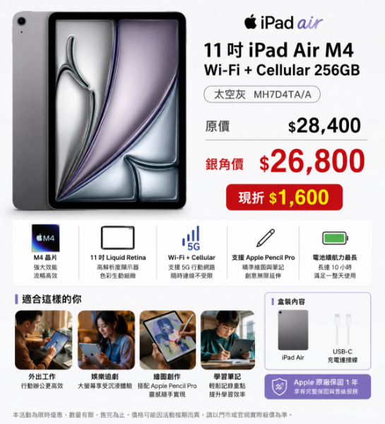 圖片 11 吋 iPad Air M4 Wi-Fi + Cellular 256GB - 太空灰 MH7D4TA/A