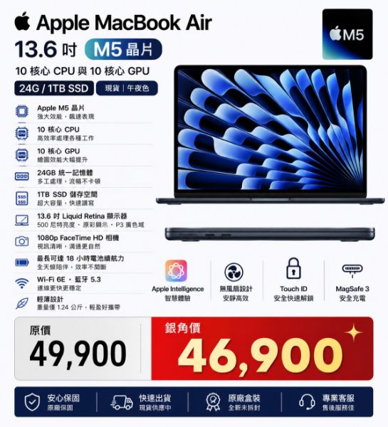 圖片 Apple Macbook Air 13.6吋 M5晶片 10核心CPU 與 10核心GPU 24G/1TB SSD 
