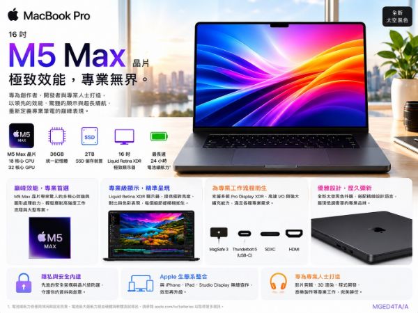 圖片 APPLE MacBook Pro 16吋,M5 Max (18/32),36GB,2TB SSD,MGED4TA/A)-黑色