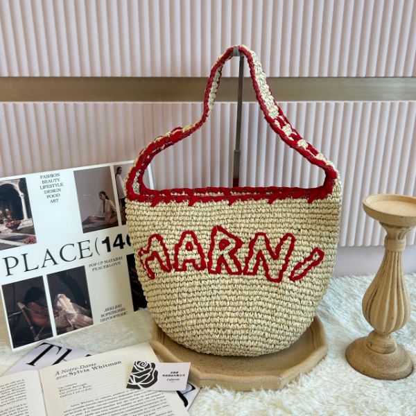 圖片 MARNI SMALL NASSA 紅色縫線米色拉菲草包