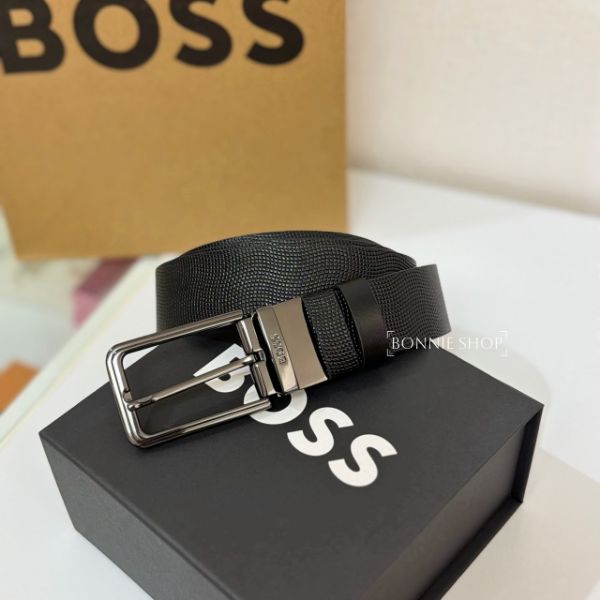 圖片 Hugo Boss 亮黑蟒蛇紋雙面款穿針皮帶