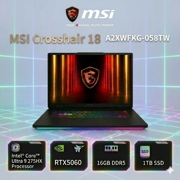 圖片 ⭐️MSI 微星Crosshair 18 HX AI 16吋 電競筆電黑色(U9-275HX/16GB/1TB/RTX 5060-8G/W11/A2XWFKG-058TW)⭐️