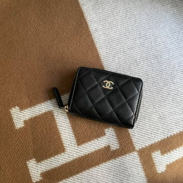圖片 Chanel 黑金荔枝拉鍊款零錢卡包