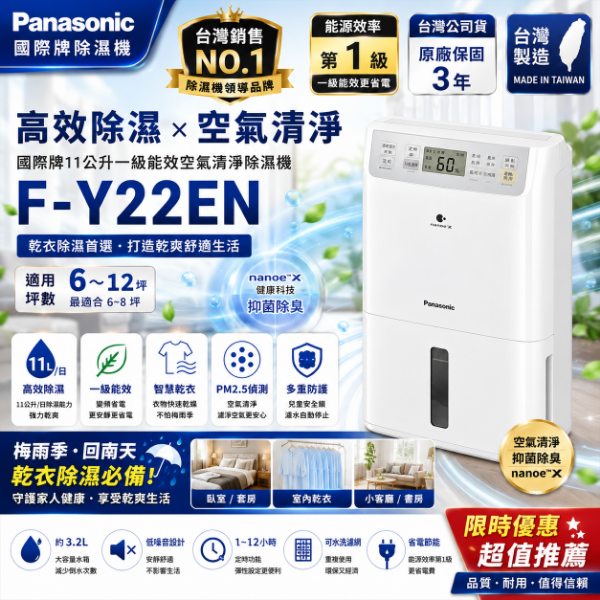 圖片 【Panasonic 國際牌】 11公升一級能效 ECONAVI空氣清淨除濕機 F-Y22EN