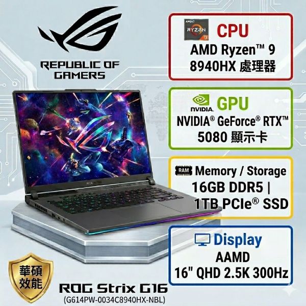 圖片 ⭐️ASUS ROG 華碩ROG Strix G16 G614PW-0034C8940HX-NBL (R9 8940HX/16GB/1TB/RTX 5080/16/W11)⭐️