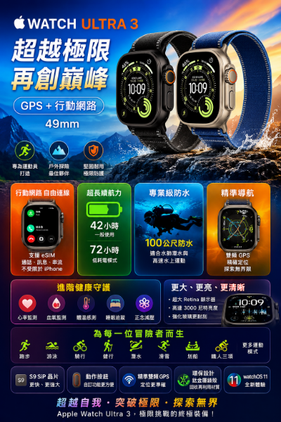 圖片  Apple Apple Watch Ultra 3 GPS+行動網路 49mm(鈦金屬錶殼)