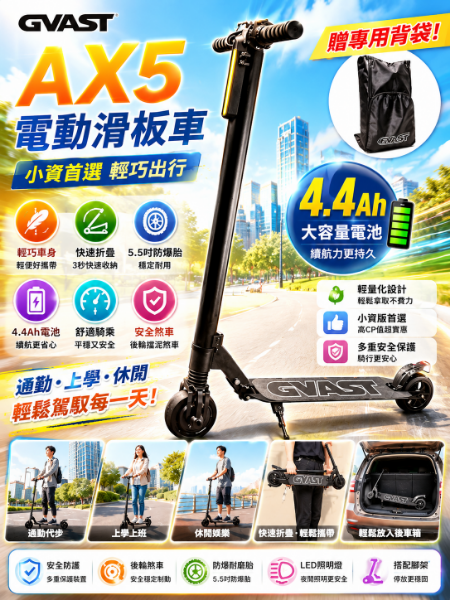 圖片 GVAST 電動滑板車 AX5 贈背袋 4.4Ah 小資版 快速折疊 5.5吋防爆胎