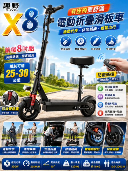 圖片 趣野 X8電動折疊滑板車 附座椅 防盜遙控 前後8吋胎(滑板車 折疊車)