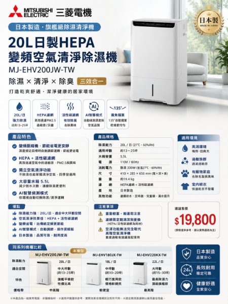 圖片 MITSUBISHI 三菱電機 20公升日製HEPA變頻空氣清淨除濕機(MJ-EHV200JW-TW)