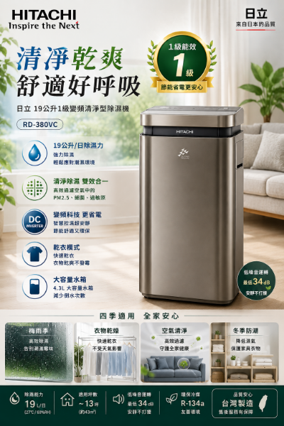 圖片 HITACHI 日立 19公升1級變頻清淨型除濕機(RD-380VC)
