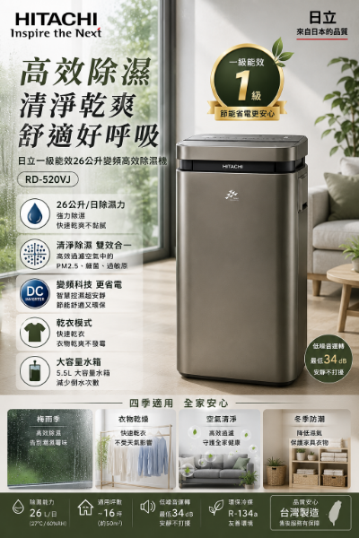 圖片 HITACHI 日立 一級能效26公升變頻高效除濕機(RD-520VJ)