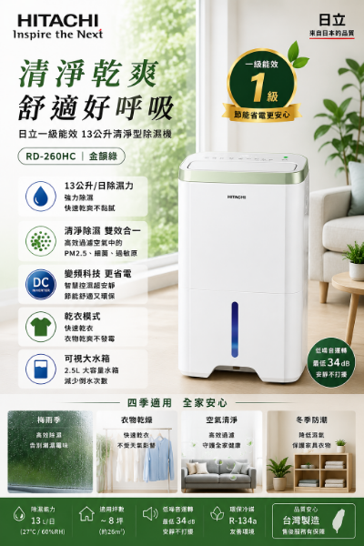 圖片 HITACHI 日立 一級能效13公升清淨型除濕機 RD-260HC 金韻綠